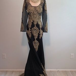 Black and Gold Lace Appliqué Evening Gown.